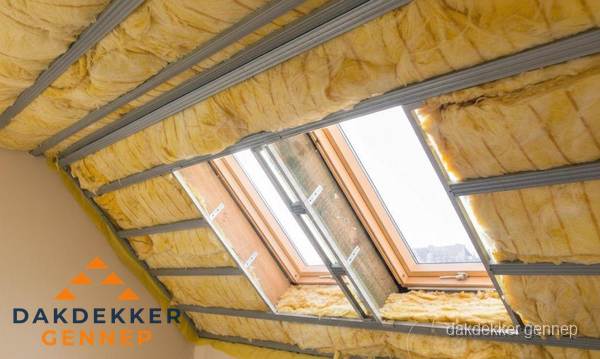 Schuin dak isoleren met glaswol bij dakraam in Gennep