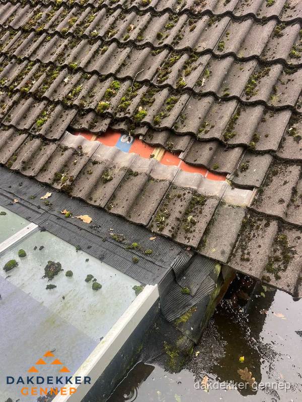 Beschadigd pannendak met ontbrekende dakpannen voor reparatie in Gennep Beschadigd pannendak met ontbrekende dakpannen voor reparatie in Gennep